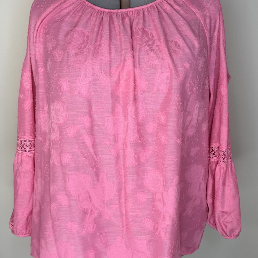 Rafaella Blouse Womens 2X Pink Floral Cold Shoulder 3/4 Sleeve Crochet Top